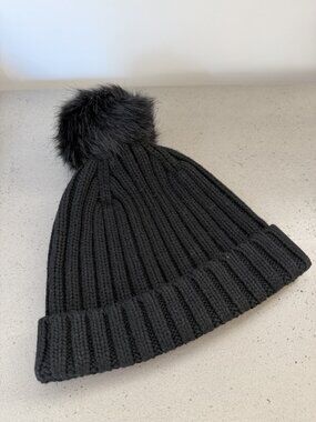 J.Crew Faux Fur Pom Pom Beanie — Black Ribbed Knit Wool Blend Winter Hat